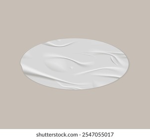 Pegado de arrugas redondo icono de pegatina de papel blanco. Vector de cinta de etiquetas realistas de textura arrugada forma ovalada. Papel adhesivo vacío aislado. Etiqueta o nota pegada, maqueta publicitaria sobre fondo beige