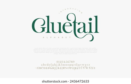 Gluetail premium letras y números de alfabeto elegantes de lujo. Elegante tipografía de boda clásica serif fuente decorativa vintage retro. Ilustración vectorial creativa