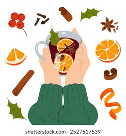 Gluhwein. Cup winter drink in hands. Ingredients for mulled wine. Recipe winter drink. Hot drink with spices and fruits, autumn and winter drinks, traditional food.