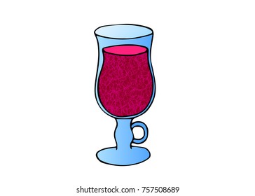Gluhwein glass doodle vector icon on white background. Gluhwein glass cup with spices. Spicy hot beverage from red wine. Mulled wine in blue glass. Warm wine in cup doodle. Winter weather comfort