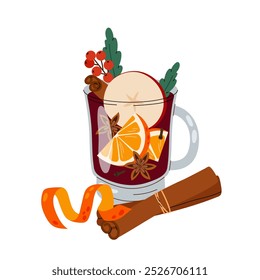 Gluhwein. Hot autumn or winter drink. Mulled wine with cinnamon, apple, orange, anise and cloves. Flat illustration of a wine drink.