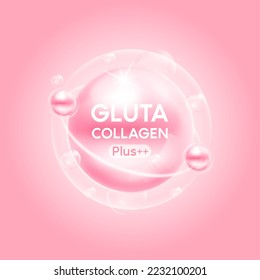 Gluta Collagen plus solution pink. Vitamins complex and bubble oxygen serum chemical formula. Beauty treatment nutrition skincare design. Medical and scientific concepts. 3D Vector EPS10.