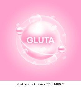Gluta solution pink. Collagen vitamins complex and bubble oxygen serum chemical formula. Beauty treatment nutrition skincare design. Medical and scientific concepts. 3D Vector EPS10.