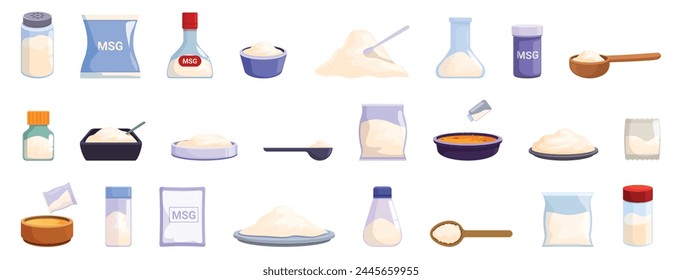 Glutamate icons set cartoon vector. Mono sodium. Food flavoring