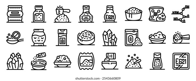 Conjunto de ícones de glutamato. Explorar o mundo diversificado de aditivos alimentares, melhorando sabores, texturas e preservação em várias aplicações culinárias