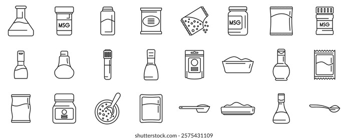  Glutamate icons set. This icon set showcases various forms, packaging, and uses of monosodium glutamate - msg - , a common flavor enhancer