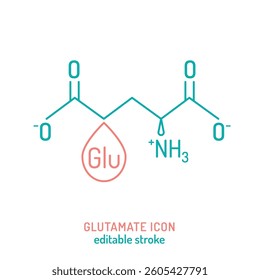 Glutamate molecule icon. Molecular structure. Editable vector illustration isolated on a white background. Educational diagram. Molecular formula used in biology, nutrition, and food science contexts