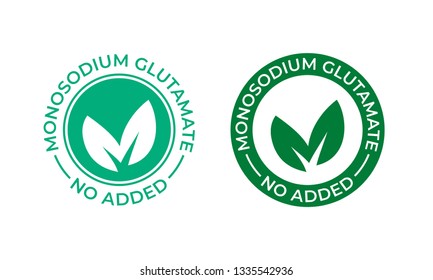 Glutamate no added vector icon. Contain no MSG monosodium glutamate food package seal, green leaf label