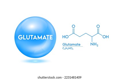 Glutamate and structural chemical formula. Molecule model blue isolated on white background. Medical scientific concept. 3D Vector EPS10 illustration.