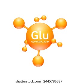 Glutamic acid amino. Molecules that combine to form proteins nutrients necessary for health muscle. Biomolecules model 3D orange for ads dietary supplements. Medical scientific concepts. Vector.