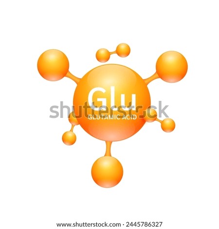 Glutamic acid amino. Molecules that combine to form proteins nutrients necessary for health muscle. Biomolecules model 3D orange for ads dietary supplements. Medical scientific concepts. Vector.