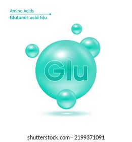 Glutamic acid (Glu) amino acid capsules vitamins complex minerals. 3D Model of molecule green isolated on white background. For food supplement ad package design. Science medic concept. Vector EPS10.