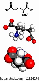 Glutamic acid (Glu, E, glutamate) amino acid and neurotransmitter, molecular model. Amino acids are the building blocks of all proteins. Glutamate is also responsible for umami flavor.