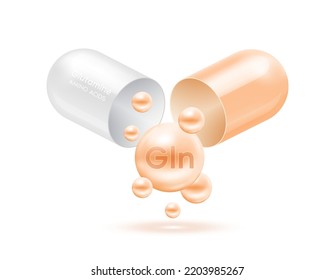 Glutamine acid amino acid float out of the capsule. Vitamins complex and minerals orange isolated on white background. For food supplement ad package design. Science medic concept. 3D Vector EPS10.