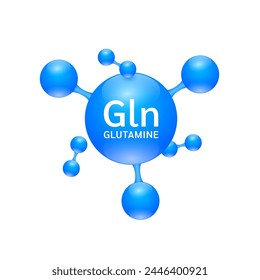 Glutamine amino acid. Molecules that combine to form proteins nutrients necessary for health muscle. Biomolecules model 3D blue for ads dietary supplements. Medical scientific concepts. Vector.