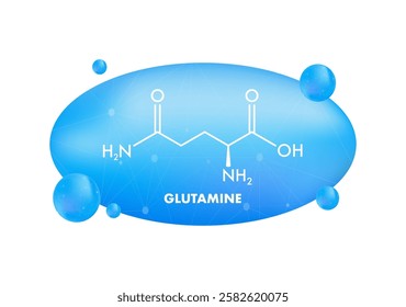 Glutamine chemical formula structural molecule on blue scientific background