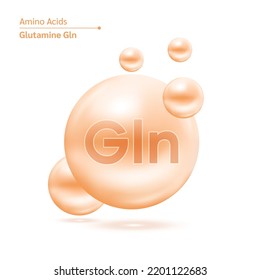 Glutamine (Gln) amino acid capsules vitamins complex minerals. 3D Model of molecule cream isolated on white background. For food supplement ad package design. Science medic concept. Vector EPS10.