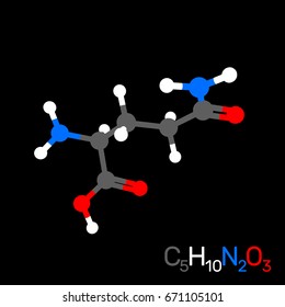 Glutamine model molecule. Isolated on black background. Vector illustration. Flat style.
