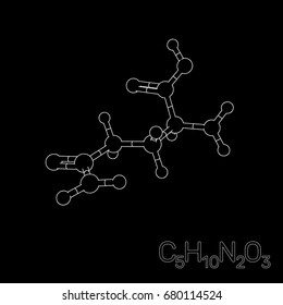 Glutamine model molecule. Isolated on black background. Vector outline illustration.