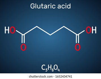 Ácido glutárico, molécula C5H8O4. Es simple ácido dicarboxílico lineal de cinco carbono. Fórmula química estructural en el fondo azul oscuro. Ilustración del vector