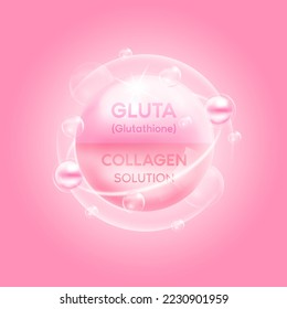 Glutathione and collagen solution pink. Vitamins complex and bubble oxygen serum chemical formula. Beauty treatment nutrition skincare design. Medical and scientific concepts. 3D Vector EPS10.