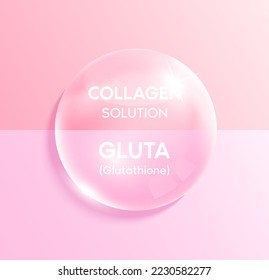 Glutathione and Collagen solution in the shape pink drop water. Vitamins complex. Beauty treatment nutrition skincare design. Medical concepts. 3D Realistic Vector.