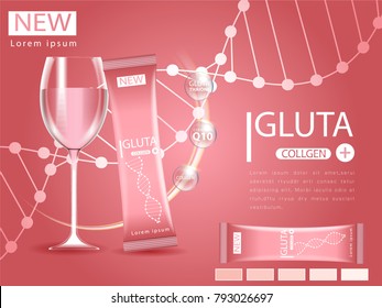 Glutathione, pack, envelope, drink type, pink and the third component can be separated. On a light pink background.