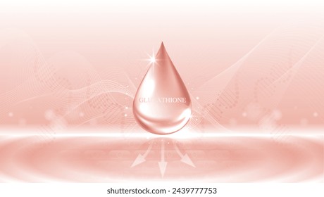 Glutathione serum drops over pink skin cells with cosmetic advertising. healthy life medical and dietary supplement. natural skin care cosmetic stimulate collagen. vector design.