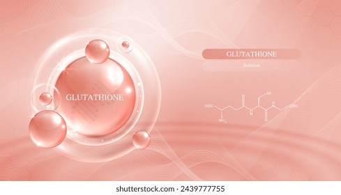 Glutathione serum drops over pink skin cells with cosmetic advertising. healthy life medical and dietary supplement. natural skin care cosmetic stimulate collagen. vector design.