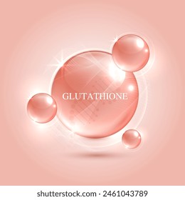 Glutathione serum drops over pink skin cells with cosmetic advertising. healthy life medical and dietary supplement. natural skin care cosmetic stimulate collagen. vector design.