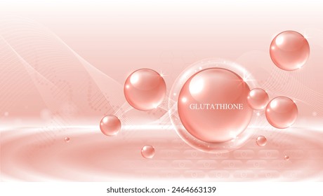 Glutathione serum drops over pink skin cells with cosmetic advertising. healthy life medical and dietary supplement. natural skin care cosmetic stimulate collagen. vector design.