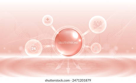 Glutathione serum drops over pink skin cells with cosmetic advertising. healthy life medical and dietary supplement. natural skin care cosmetic stimulate collagen. vector design.