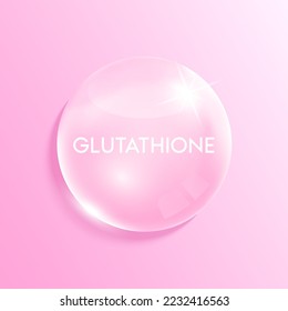 Glutathione solution in the shape pink drop water. Collagen vitamins complex with Chemical formula from nature. Beauty treatment nutrition skincare design. Medical concepts. 3D Realistic Vector.