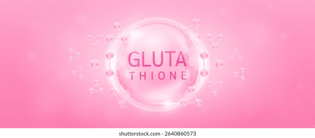 Glutathione solution in transparent hexagonal dome with surrounding molecules atom collagen pink. Banner for cosmetic products ads. Medical health care skin protection. Vector.