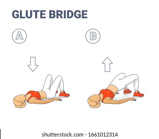 Glute Bridge Exercise illustration. Colorful Concept of Hip Bridge Workout - a Young Woman in Sportswear top and sneakers, and white leggings does the fitness exercise for weight loss. Sport clipart.