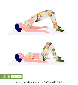 Ejercicio GLUTE BRIDGE, gimnasia de entrenamiento para mujeres, aeróbic y ejercicios. Ilustración vectorial.	