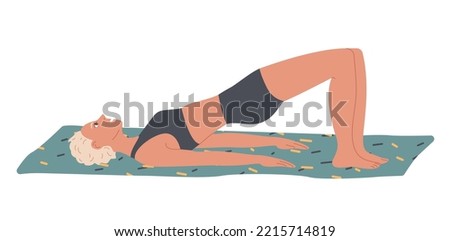 Glute Bridge. Woman performs exercises at home lying on the floor, raising her buttocks leaning on the top of her back and foot