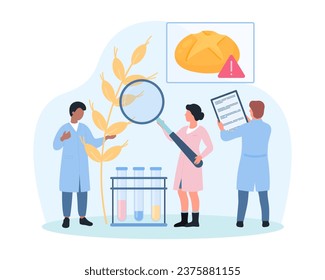 Gluten allergy vector illustration. Cartoon tiny people research natural wheat plant with magnifying glass, doctors warning against eating grain products and bread for patients with celiac disease