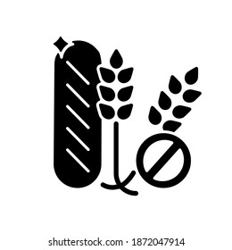 Gluten black glyph icon. Wheat free product. No allergy ingredient. Healthy eating. Nutrient diet without grain. Foodstuff seal. Silhouette symbol on white space. Vector isolated illustration