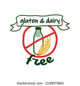 Gluten and dairy free product, sticker design. Crossed milk bottle with wheat icon, lactose allergy friendly food badge, vector illustration. Isolated on white graphic dietary meal packaging emblem