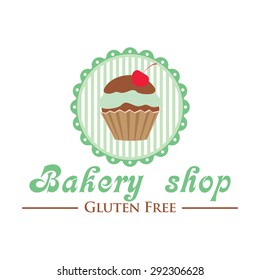 Gluten Free Bakery Shop Logo. Cute Cupcake On Striped Background, Retro Style Badge.