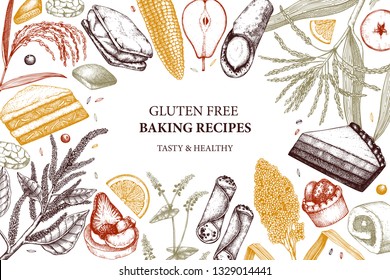 	
Gluten free baking design. Hand drawn cereal crops sketches. Tasty and healthy food illustration. Farm market products. Great for bakery, packaging, menu, label. Vector pastry and desserts template.