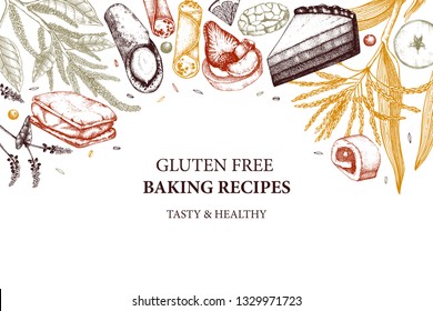 	
Gluten free baking design. Hand drawn cereal crops sketches. Tasty and healthy food illustration. Farm market products. Great for bakery, packaging, menu, label. Vector pastry and desserts template.