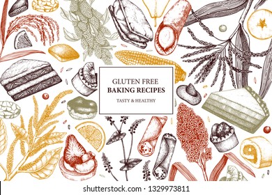 	
Gluten free baking design. Hand drawn cereal crops sketches. Tasty and healthy food illustration. Farm market products. Great for bakery, packaging, menu, label. Vector pastry and desserts template.