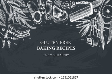 	
Gluten Free Baking Design. Hand Drawn Cereal Crops Sketches. Tasty And Healthy Food Illustration. On Chalkboard. Great For Bakery, Packaging, Menu, Label. Vector Pastry And Desserts Template.