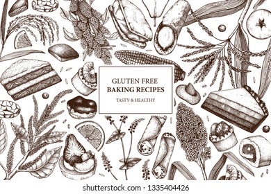 Gluten free baking design. Hand drawn cereal crops sketches. Tasty and healthy food illustration. Farm market products. Great for bakery, packaging, menu, label. Vector pastry and desserts template.