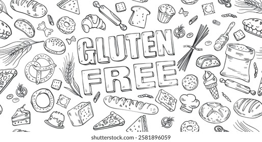 Gluten free baking design. horizontal Hand drawn cereal crops sketches. vector illustratio