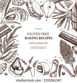 Gluten free baking frame. Hand drawn cereal crops sketches. Tasty and healthy food menu design. Great for cafe, bakery, packaging, menu, label. Vector pastry and desserts template.