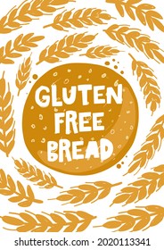 Ilustración con tipografía hecha a mano con pan libre de gluten. Tarjeta de producto de panadería al estilo Grunge. Pan de colores con letras saludables del estilo de vida de los alimentos. Panadería, tienda, elemento de diseño de afiches de menú de café. 
