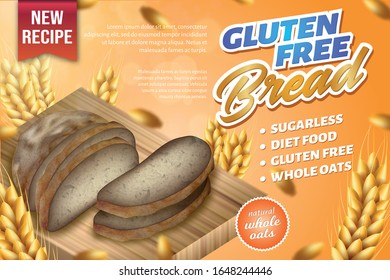 Gluten Free Bread Horizontal Banner, Sugarless Diet Food, Fresh Natural Oats Whole Grain Bread Put on Wood Board with Cut Slices, Healthy Eating and Traditional Bakery Realistic 3d Vector Illustration